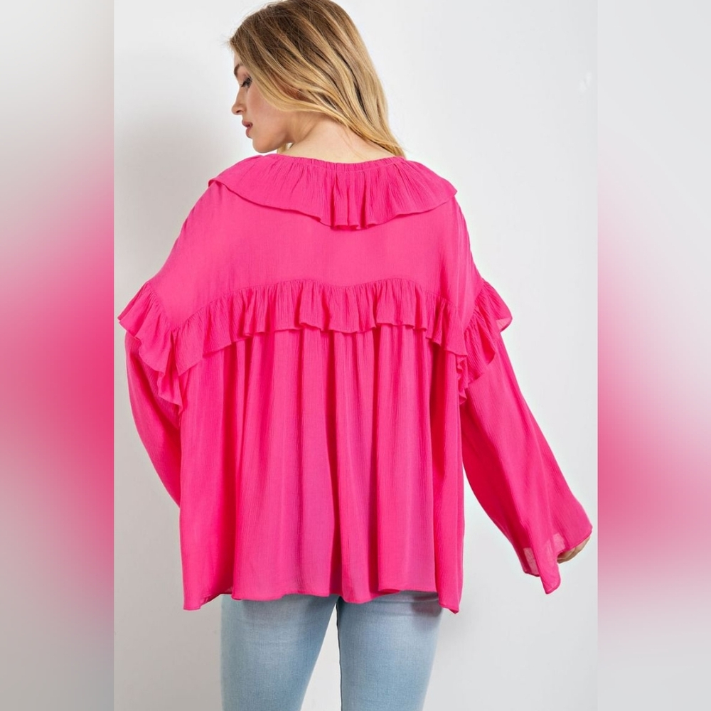 Easel Hot Pink Oversized Ruffled Bell Sleeve Boho Top - Picture 5 of 5